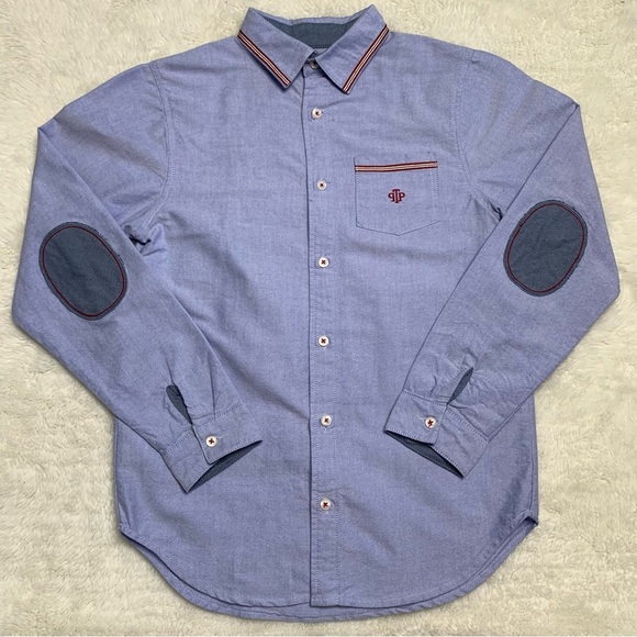 Tutto Piccolo Boy's Light Blue Red Button Down Shirt With Patches Size 12 - Picture 1 of 11